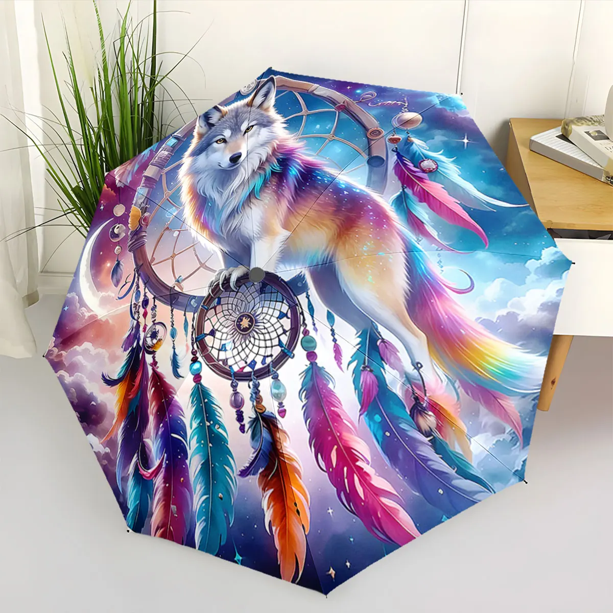 1PC Mystical Wolf Dreamcatcher Umbrella Design Print 8 Iron Ribs Folding Umbrella Auto-Open Fashion Sunshade