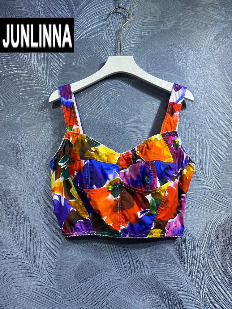 

JUNLINNA Fashion Summer 100% Cotton Top Elegant Flower Printing Spaghetti Strap Beach Holiday Camisole