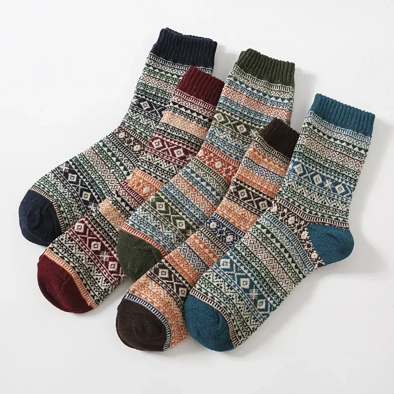 Japanese Retro Man Thickened Warm Socks Autumn Winter Geometric Style Striped Woolen Socks For Men Scandinavian Socks Stocking