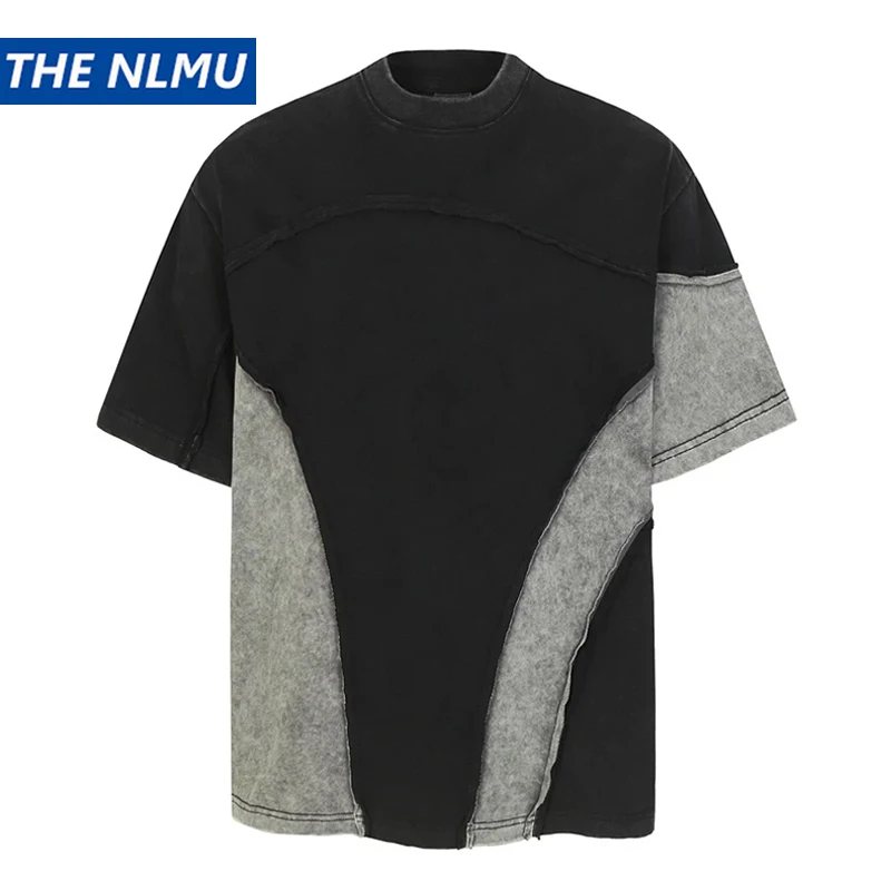 

2026 Retro Color Block Patchwork T-Shirt Men's Wash Distressed Short Sleeve T Shirt Summer Grunge Streetwear Tee Tops Cotton