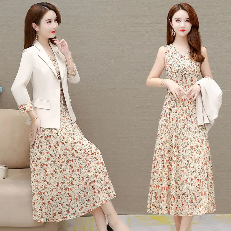 

Women's Suit Dress Two Piece 2022 Fall New Casual Blazer Jacket Floral Dresses Suit Korean Elegant Fashion Set Female Clothing