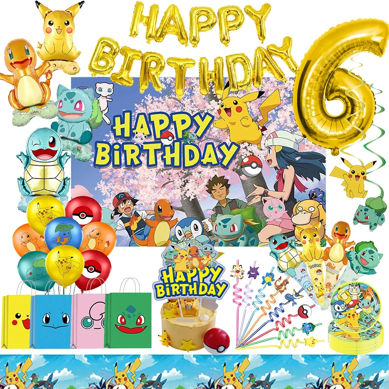 Pokemon Birthday Party Decorations Pikachu Foil Balloons Disposable Tableware Backdrop Paper Plates Toy Kids Boy Party Supplies