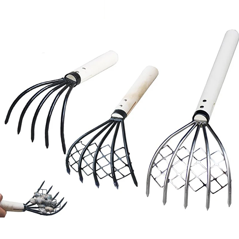 Clam Rake With Net 5 Claw Wood Handle Rake Shell Digging Tool Dig Seafood Accessories Weeding Farming Tool Wood Handle Pitchfork