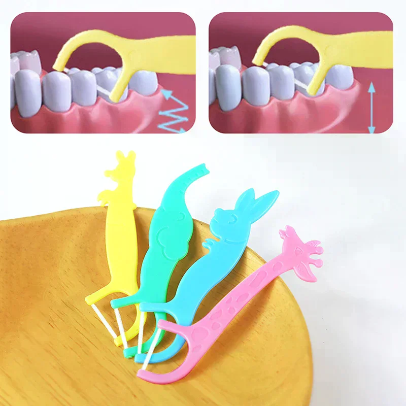 40Pcs Children's Dental Floss Four Cartoon Animal Shape Toothpicks Interdental Floss Clean Teeth Tool Super Thin Floss Stick