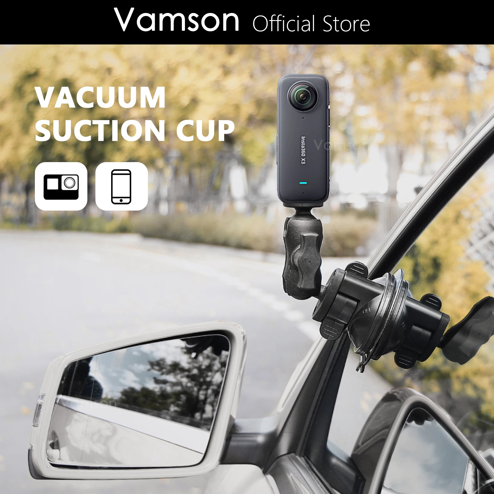 Vamson for Go Pro 11 10 Accessories 360 Degree Rotation Ball Mount Twist Lock Suction Cup Base for Insta360 DJI for Smartphones