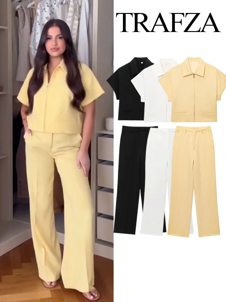 

TRAFZA Women Solid Pants Suit Zipper Fake Pocket Decoration Short-Sleeved Lapel Short Coat+High Waist Casual Wide-leg Long Pant