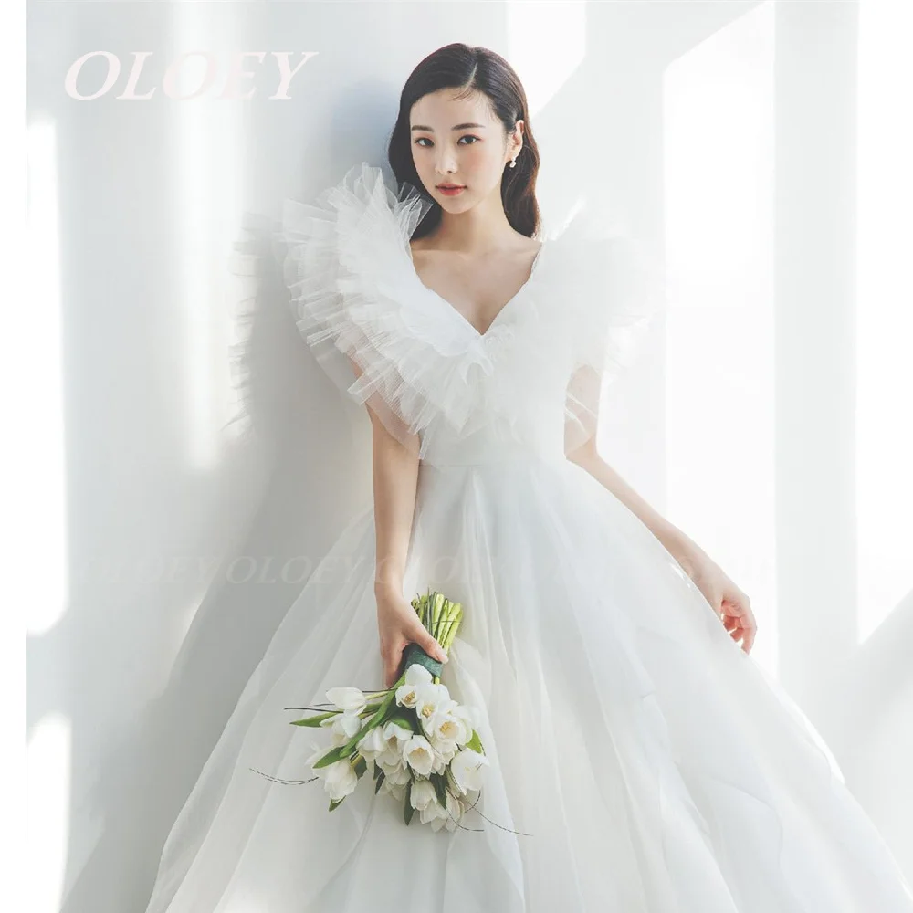

OLOEY Elegant V-Neckline Ruffles Wedding Dress Silky Organza A Line Customized Ivory Bridal Party Gown Vestidos De Novia Corset
