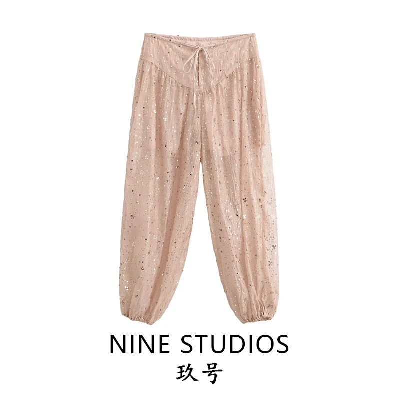

Women's Casual Trousers with Belt And Bead Decoration Versatile Loose Fit Pants Natural Waist Polyester Fabric Ladies