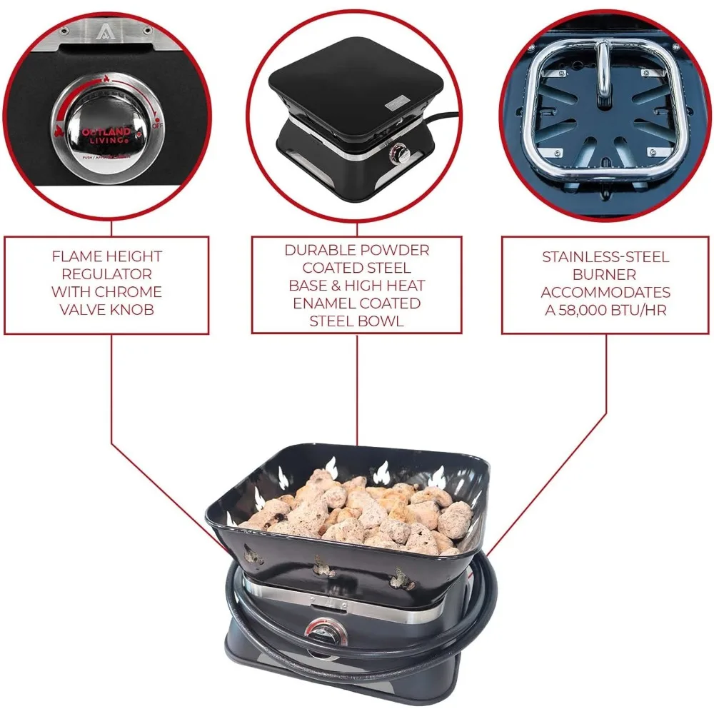 حفرة نار محمولة مربعة بدون دخاني مع غطاء ومجموعة حمل، 14 وعاء نار للمعيشة الخارجية 805 Firecube Gas Fire Pi