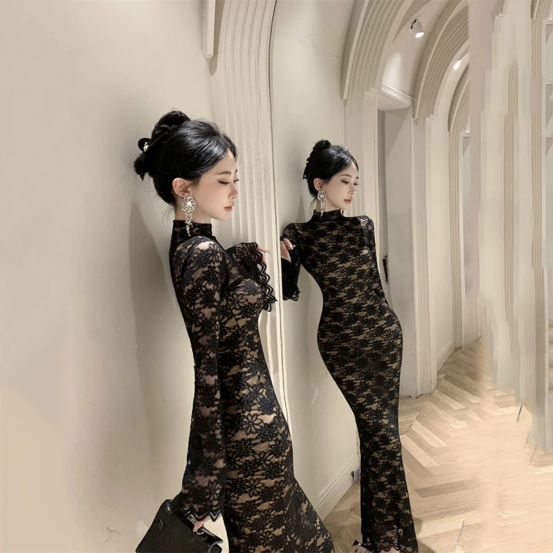 French Style Fashionable Prom Dress Women Retro Elegant Black Sheer Lace Fishtail Long Robe Female Party Banquet Vestidos