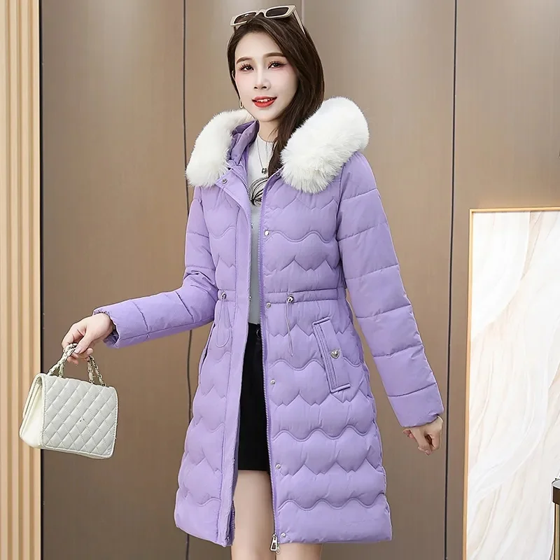2025年冬 レディース ダウンジャケット ロング スリム 無地 コート 女性用ジャケット アウター パーカー ジップ ファーカラー