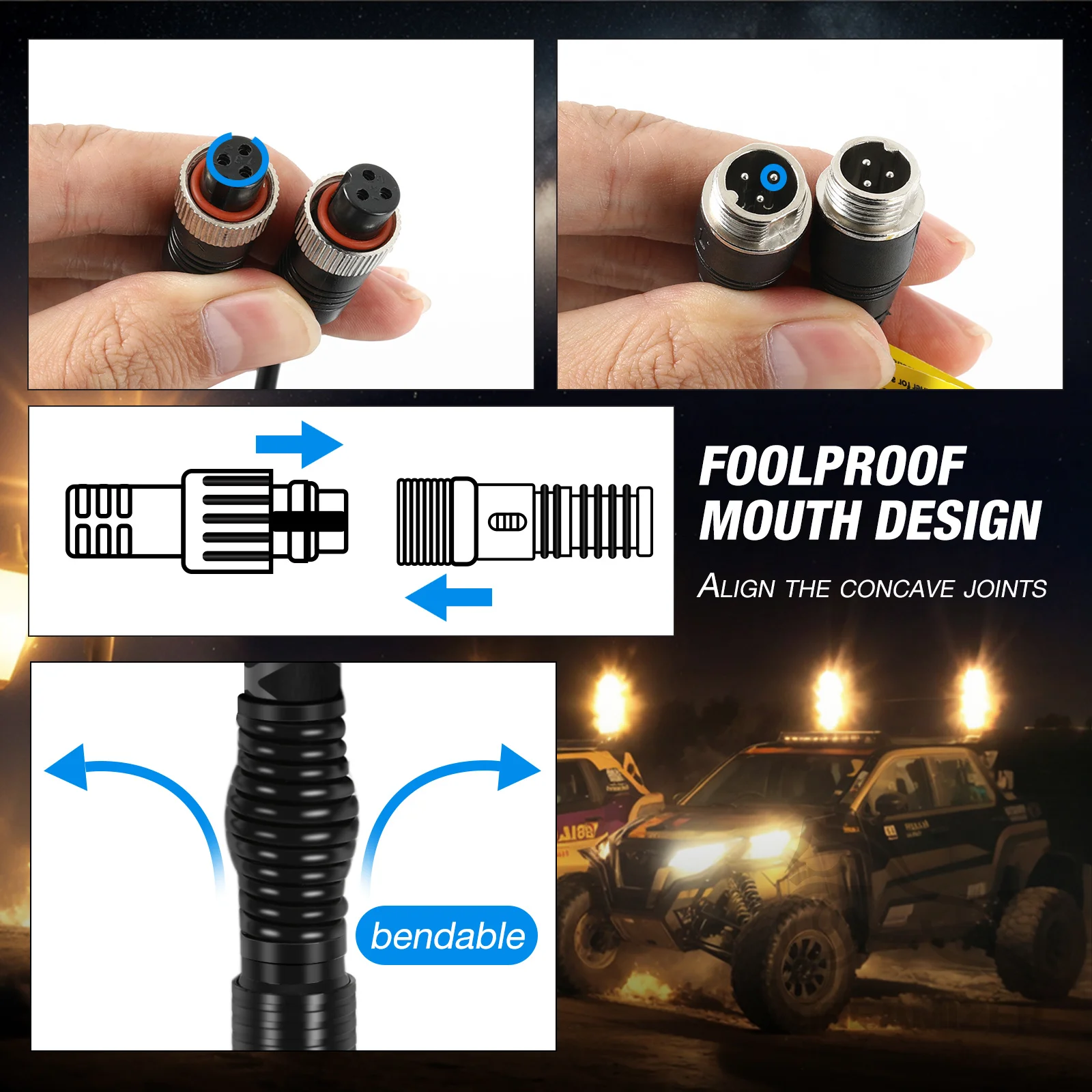 2PCS 3FT Whip Lights COB Light Source Light Whip for UTV ATV W/APP Remote Control 4 Flags 360°Spiral Chasing Lighted Whip