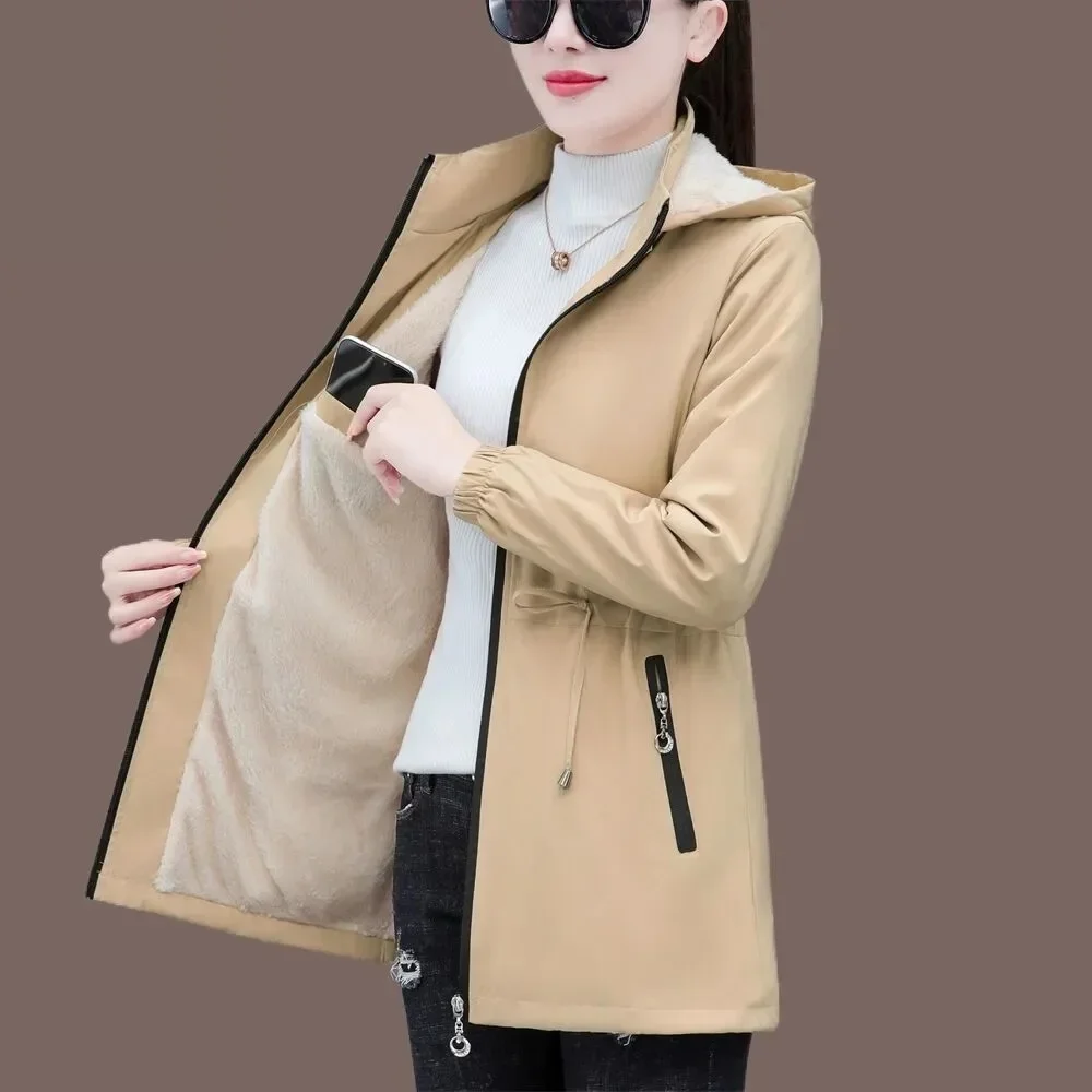 Autumn Winter Women Windbreaker 2024 New Velvet Warm Mid Long Hooded Trench Coat Korean Female Tops Women Jacket Slim Outwear