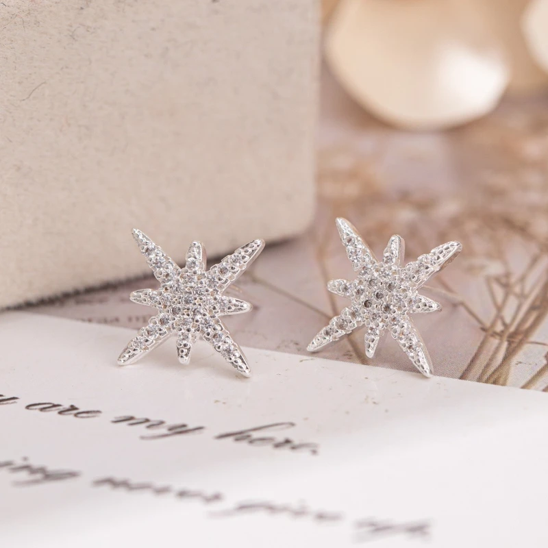 1pair Six Pointed Star Earrings Copper Material Versatile Trend Women's Stud Earrings Wedding Valentine's Day Birthday jewelry