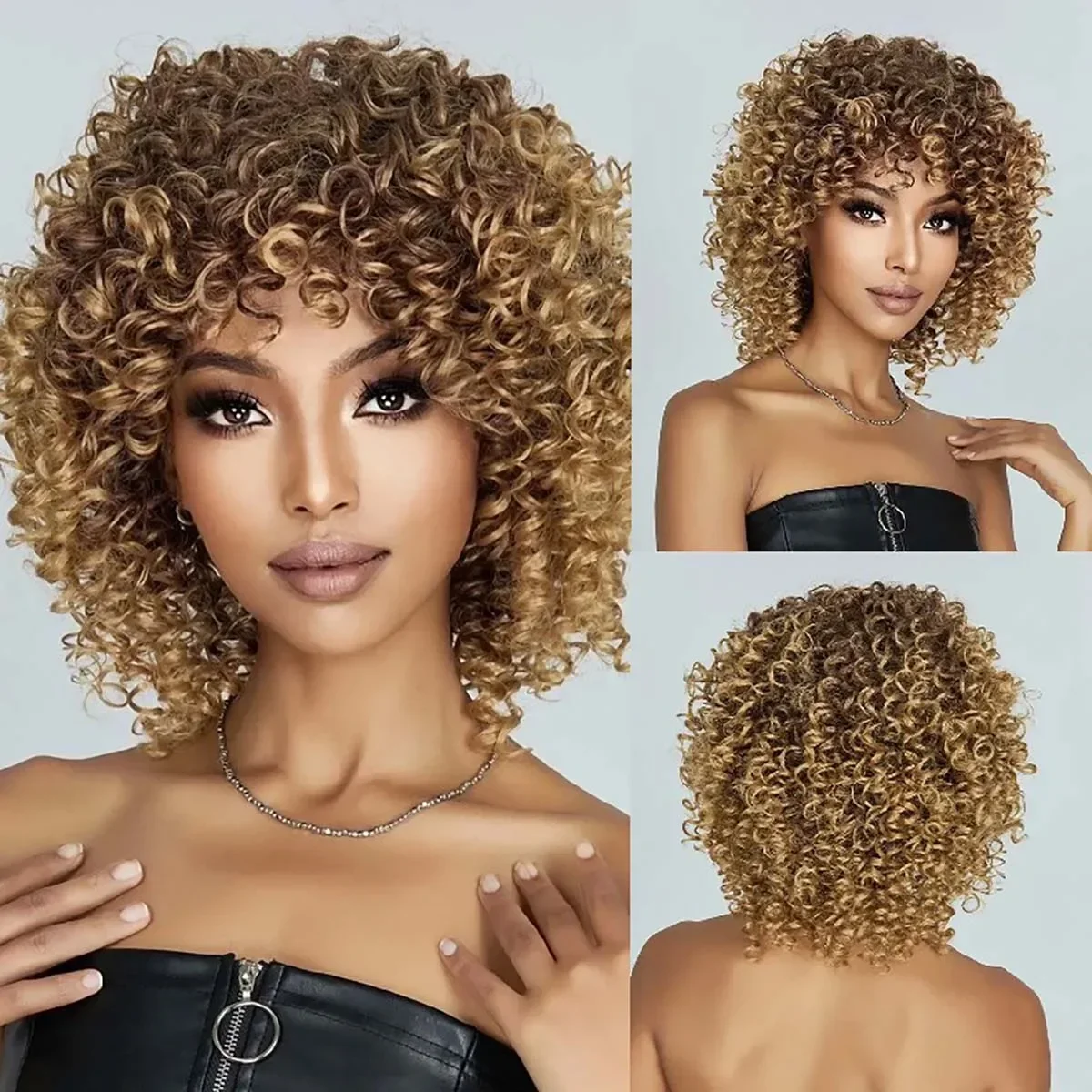 Premium Synthetic Wigs for Women Short Curly Hair Afro Wig with Bangs Mixed Blonde Curly Wig Natural Hair Styles Casual Wigs