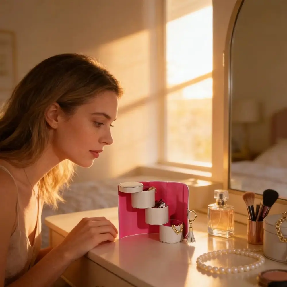 

Magnetic Closure 3-Tier Cylindrical Jewelry Organizer PU Material Faux Suede-Lined Interior Jewelry Box Three-layer Design