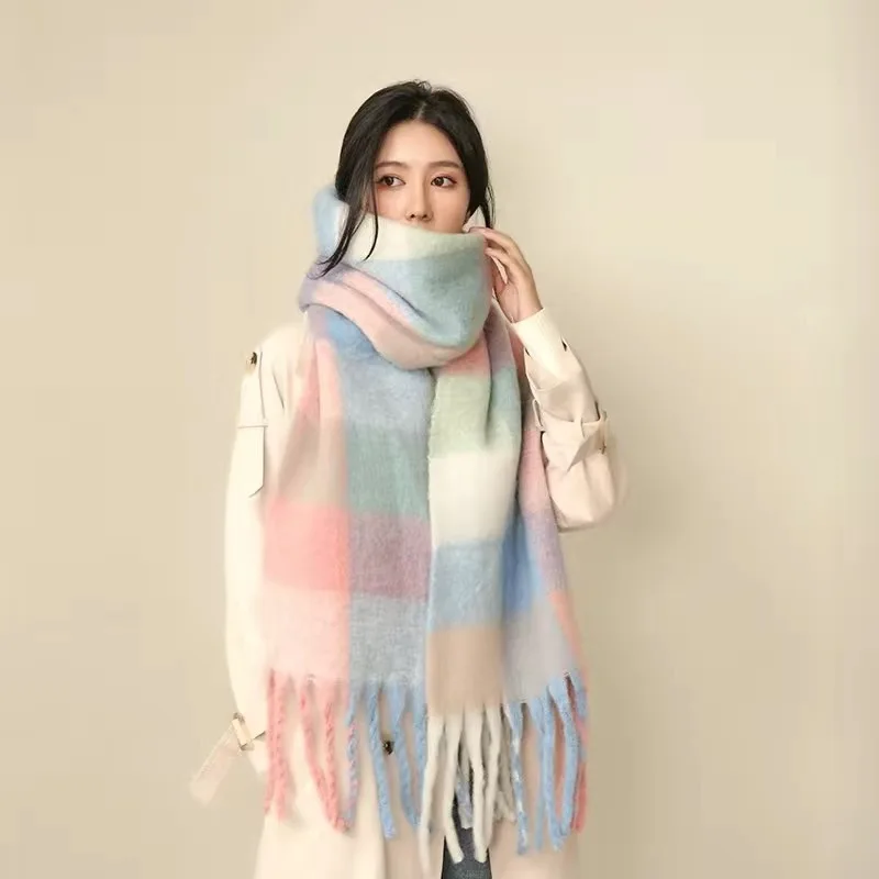 ﻿   여성용 레인보우 헤어리 테슬 에샤르프 겨울용 두꺼운 따뜻한 숄 및 랩 반다나 파시미나 롱 테슬 여성용 풀라드 두꺼운 담요