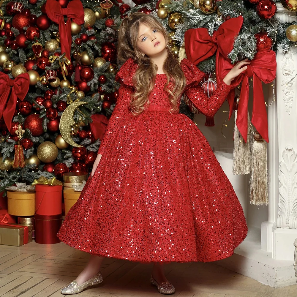 

Pretty Red Flower Girl Dress Scoop Neck Long Sleeves Ankle Length Kids Sequin Pageant Gown Christmas Party Dresses for