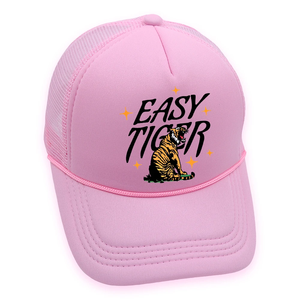 Easy Tiger Trucker Hat Cowgirl Tiger Roar Baseball Cap Summer Beach Woman Mesh Cap Adjustable Buckle Unisex