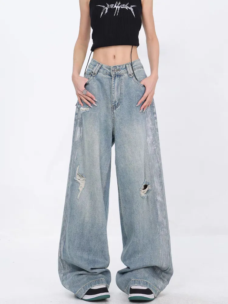 

Summer New American Retro Straight Ripped Washed Jeans Women's Loose Slimming Wide-Leg Pants