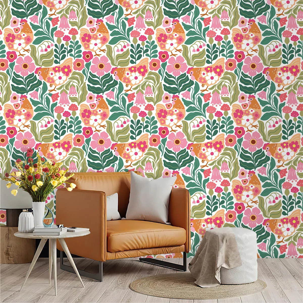 Chicken Floral Peel and Stick Wallpaper Self Adhesive Removable Farm Rooster Flowers Contact Paper for Bedroom Cabinet