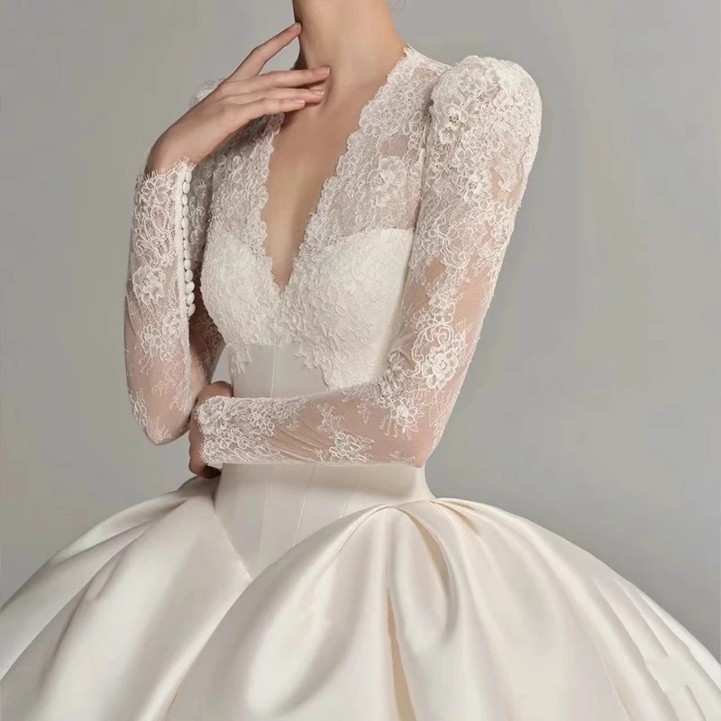 فستان زفاف عتيق بأكمام طويلة من الدانتيل ورقبة على شكل حرف V فستان زفاف على شكل حرف a من الساتان ذيل طويل لحفلات زفاف الكنيسة #6