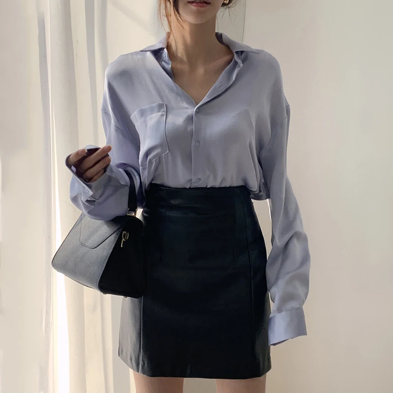 Conjunto de Falda  de Cintura Alta y Csa de Manga Larga Vintage Chic de Cuero PU, Moda Femenina E con Cuello Ca...