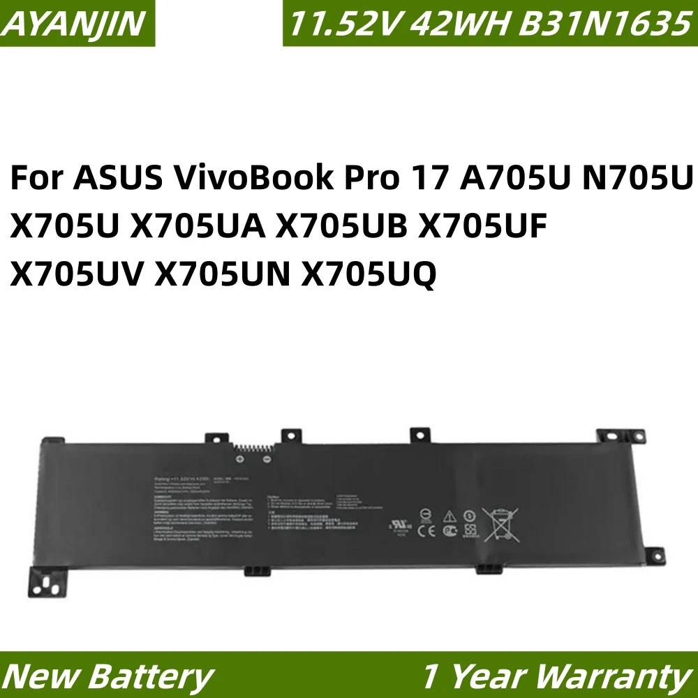 B31N1635 11.52V 42Wh Laptop Battery for ASUS VivoBook 17 X705UA N705UD N705UN N705UQ X705UV B31N1635