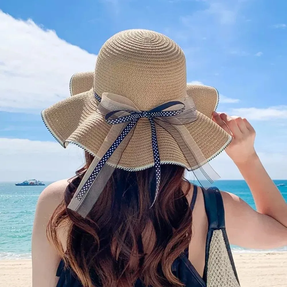 Bow Ribbon Straw Cover Cap Wide Brim Sunshade Visors Sun Protection Hat Breathable Wear-resistant Women Hat