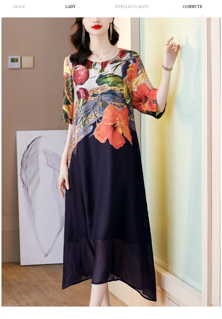 Fashion Women Dress Imitation Silk Colorful Print Round Neck Large Hem Summer Elegant Casual A-Line Long Dress Streetwear