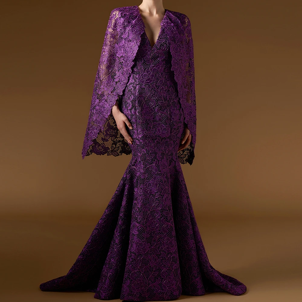 Robe de soirée de forme sirène, personnalisée, longueur au sol, col en v, sans manches, mode, étole en dentelle, drapée Simple, robe de soirée décontractée