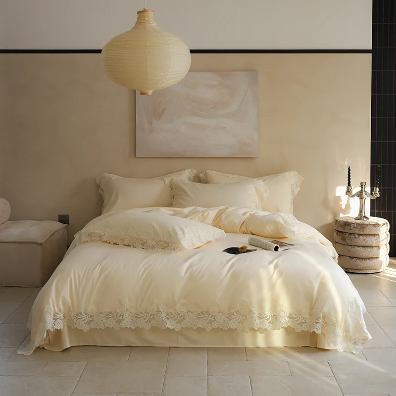 Luxuriöses Bettwäsche-Set, cremefarben, Queen-Size-Größe, Schlafzimmer-Dekoration, weich, bequem, elegantes Design für Frauen und Paare, Prinzessinnen-Bettlaken – Detail 1