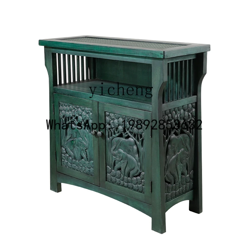 LYY Solid Wood Entrance Cabinet Elephant Carved Peacock Blue Locker Massage Room Furniture