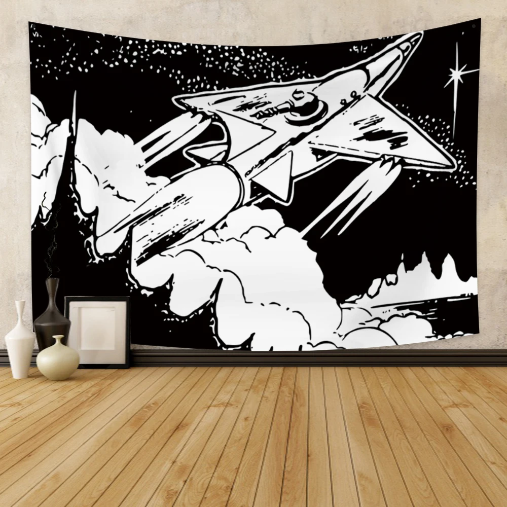 Black And White Rocket Launching Tapestry Wall Hanging Bohemian Psychedelic Wall Decoration Beach Towel Polyester Yoga Blanket