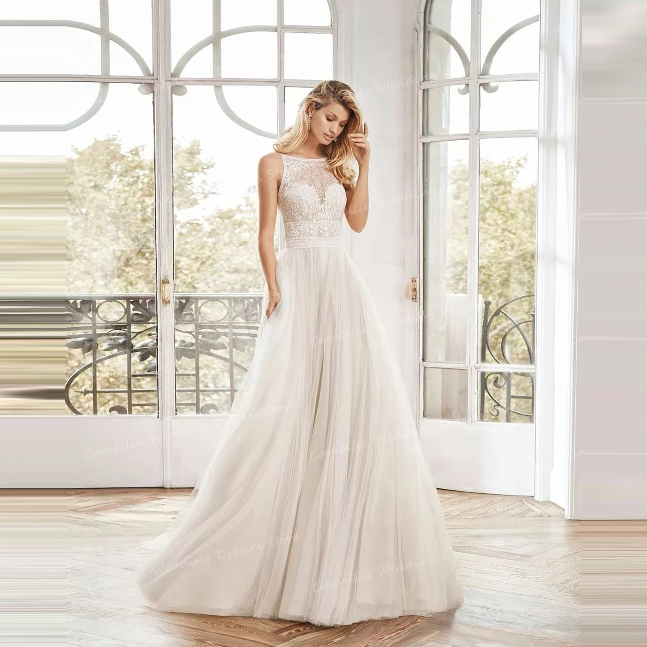 2024 abiti da sposa BOHO Appliques Sexy da donna collo alto senza maniche Backless Lace Up Tulle abiti da sposa formali Vestidos Novia