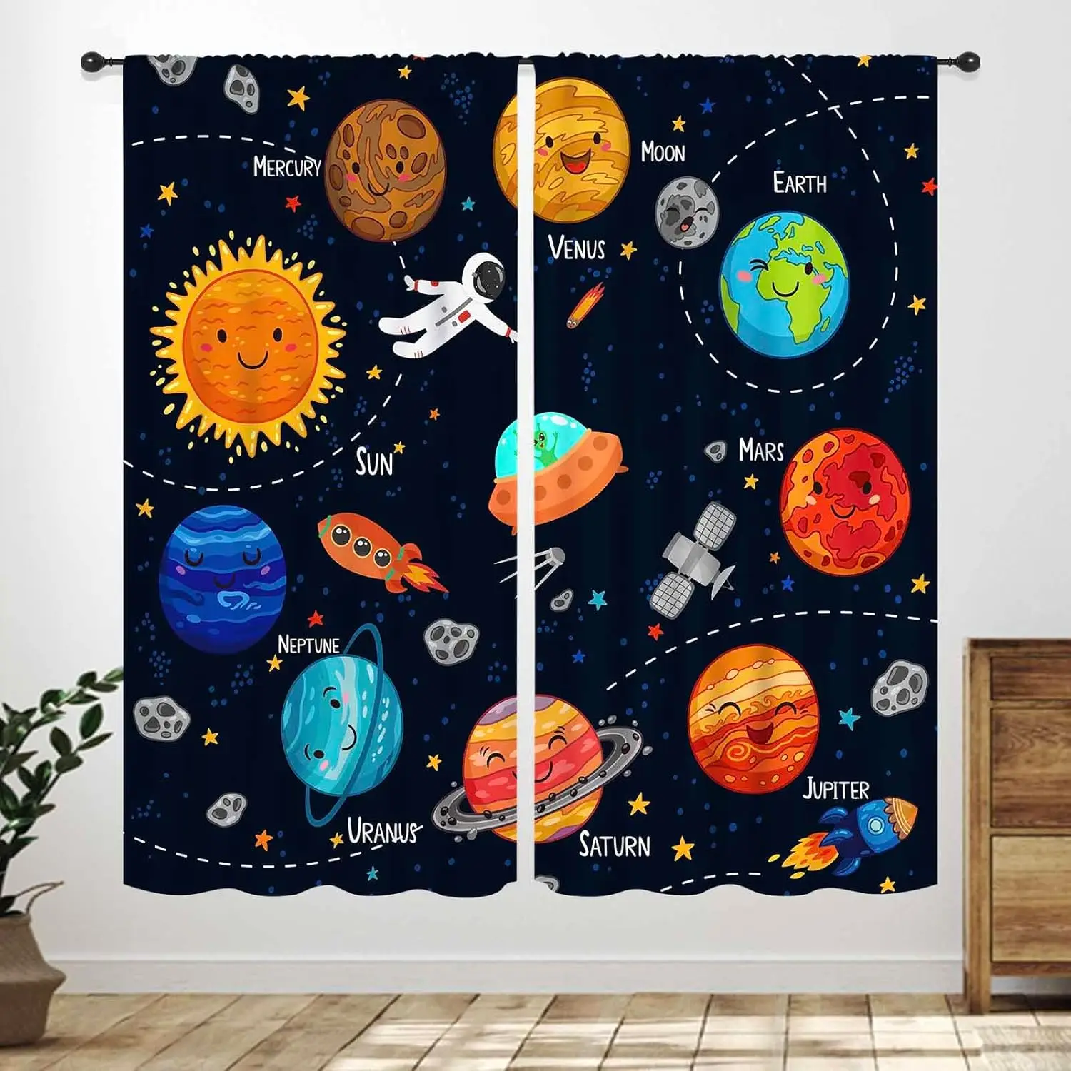 Outer Space Window Curtains for Kids,Cartoon Astronaut Universe Galaxy Planets Window Treatments for Bedroom Living Room Nursery