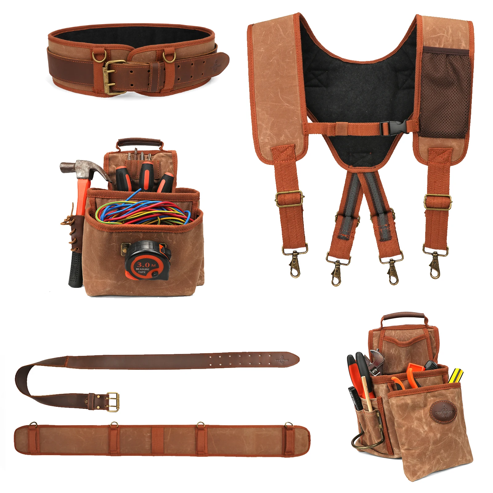 Tourbon Tool Belt  with Adjustable Suspenders Padded Cooling Mesh Detachable Pockets Tape Measure Hammer Holder Framers Rig  Tan