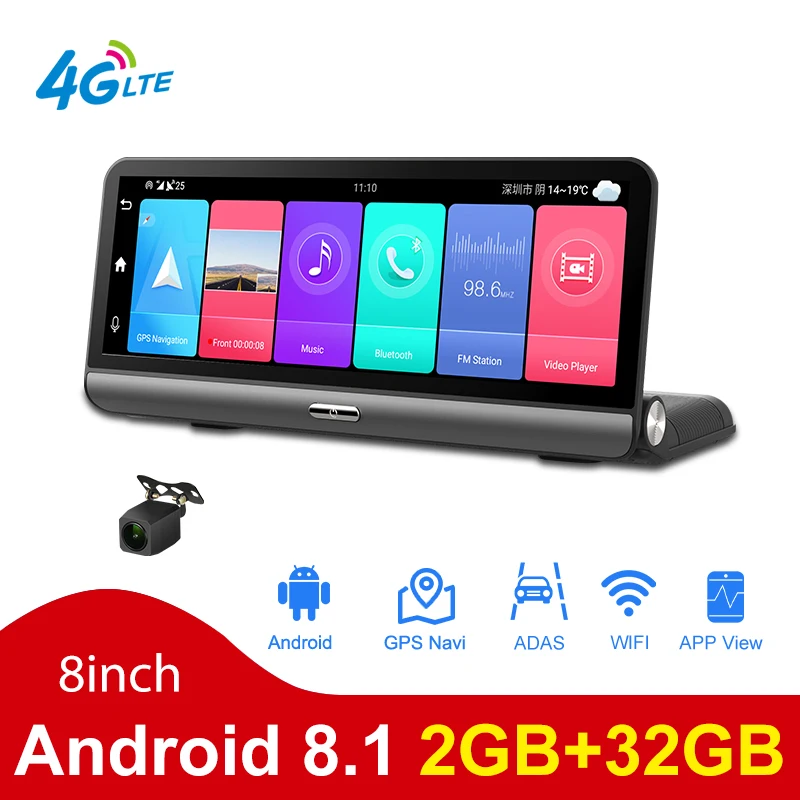 Dashboard Car Black Box P03 8 inch Touch Screen 4G Android Car DVR Camera with WIFI GPS Navigation ADAS Dual Camera HD1080P