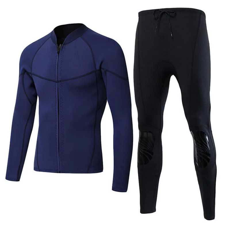 2mm Men's Neoprene Swimwear Two-pieces Wetsuit Blue Jacket Long Pants Keep Warm Spearfishing Snorkeling Scuba Dive Clothing