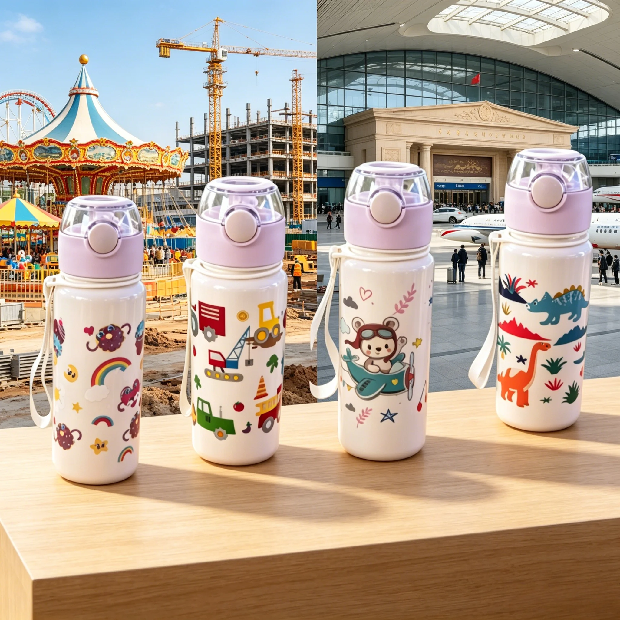 

Kids Water Bottle with Cute Cartoon Dinosaur,Rainbow & Airplane Prints,White Base Color & Minimalist Style Lightweight Durable