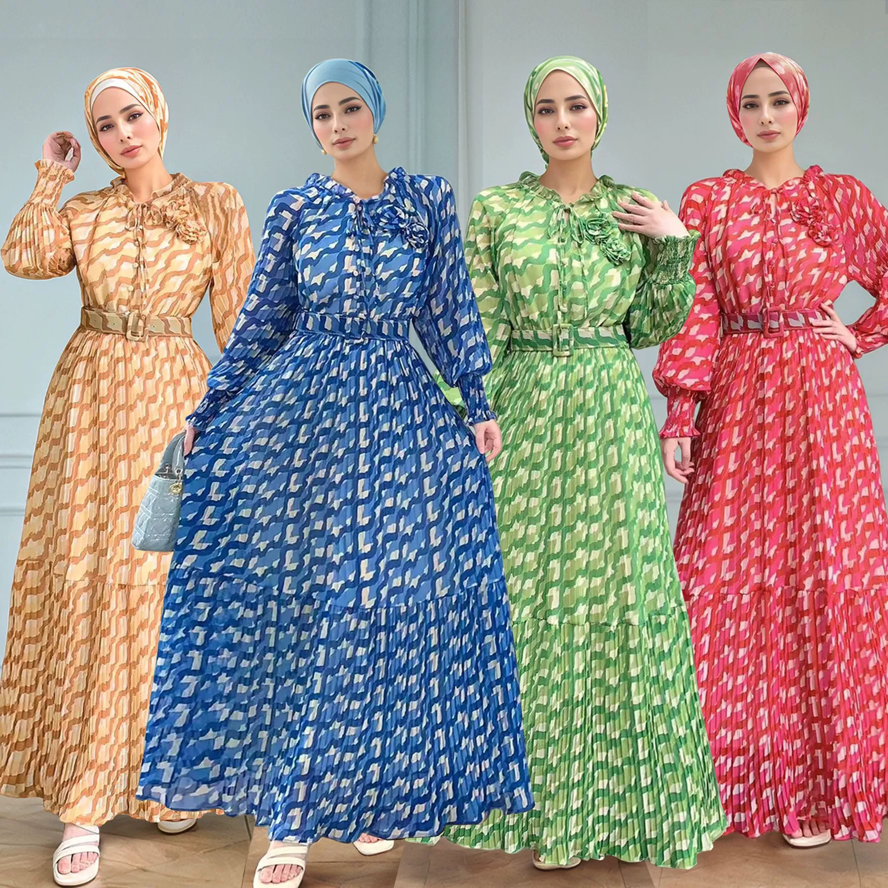 

Middle Eastern Islamic Luxury Fashion Robe Muslim Women's Wear Saudi Arabia Chiffon Printed Hundred Fold Lantern Sleeve Dress