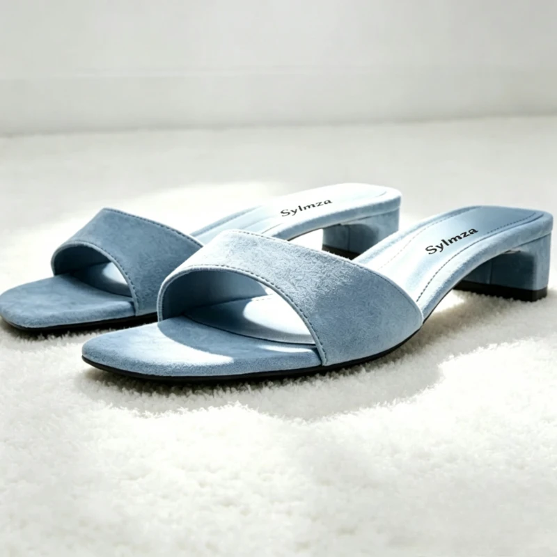 Concise Style Faux Suede Heeled Slipper for Women Fashion Square Toe Comfortable Slide Sandals Sexy Open Toe Summer Mules Sandal