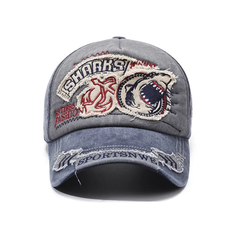 Бейсболки с вышивкой в стиле ретро, однотонные бейсболки с изображением акулы, мужские и женские хлопковые эластичные кепки в стиле хип-хоп, уличная одежда, солнцезащитные кепки