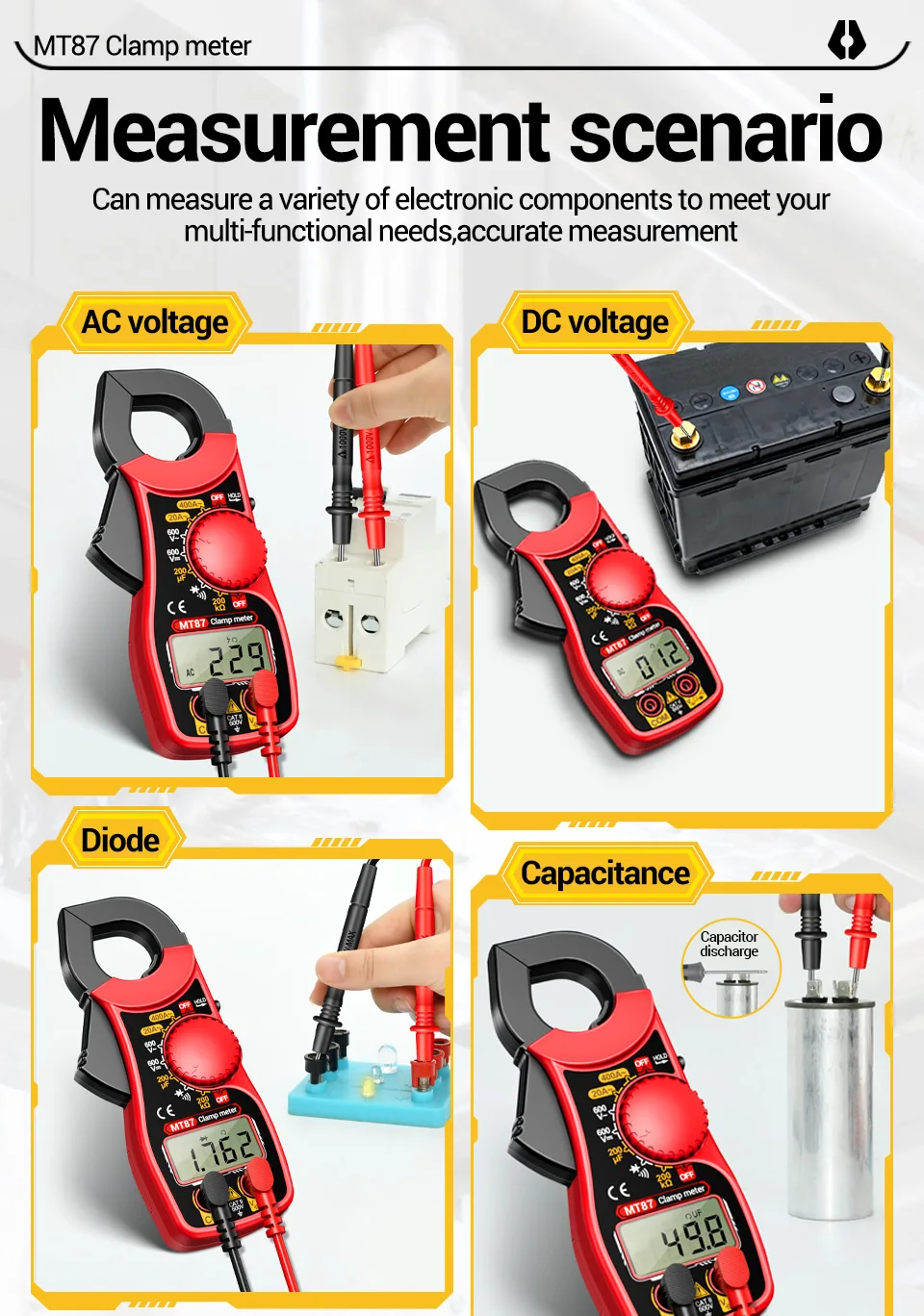 Professionelles Multimeter Stromzangenmessgerät Digitale Spannungsmessung 1,45 Zoll Große Messzange Strom NCV Ohm Hochpräziser Detektor Werkzeuge ANENG MT87 – Detail 8