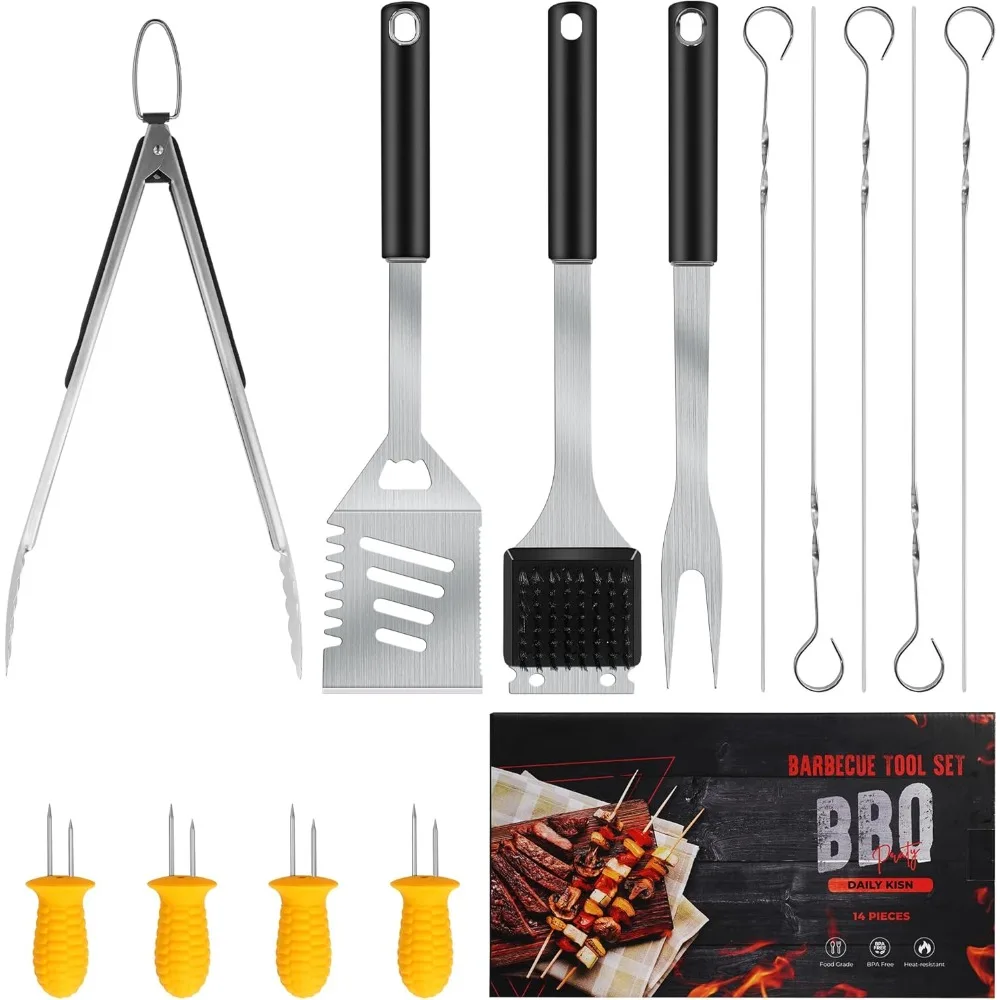 

Grill Accessories Kit, Stainless Steel Grill Tool Set with 4-in-1 BBQ Spatula, Fork, Tong, Brush, Skewers, Silicone Corn Holders