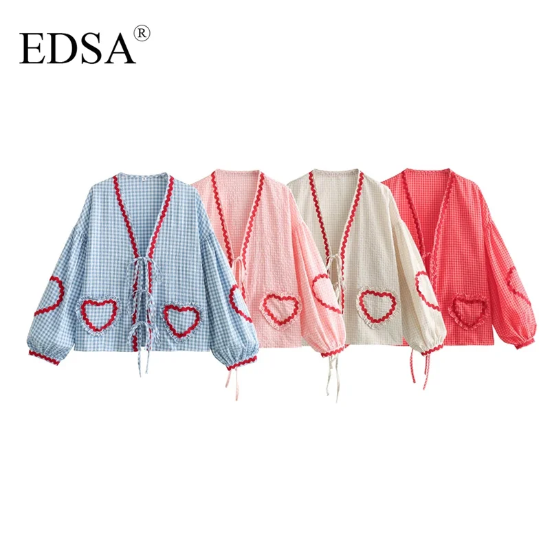 EDSA Women Elegant Plaid Shirt Lace Up Long Puff Sleeve V-Neck Love Print Female Blouse Summer Lady Chic Soft Tops