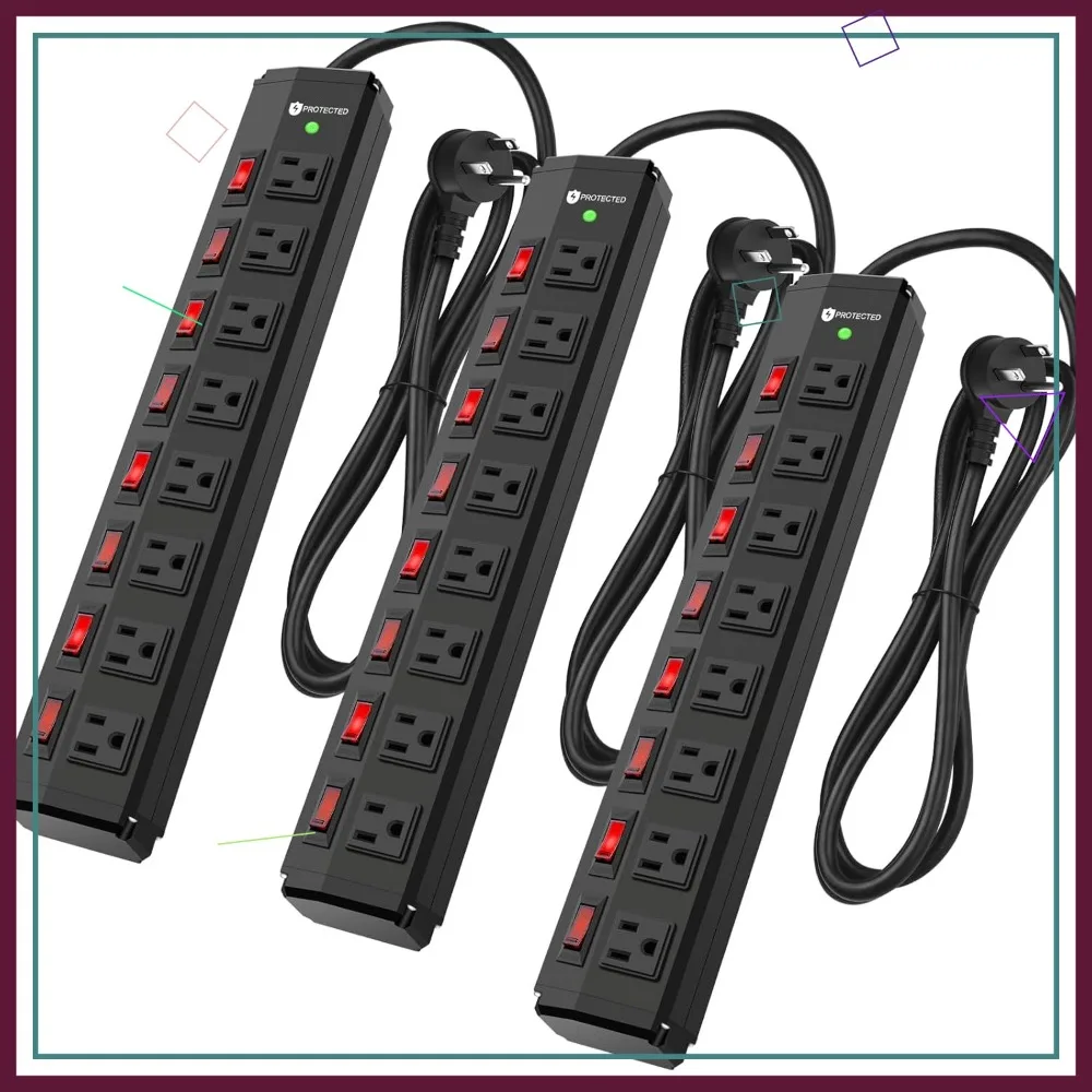 

3PCS 8 Outlet Heavy Duty Power Strip with Individual Switches, Metal Surge Protector 1200J, 6FT 14AWG Cord, 15A
