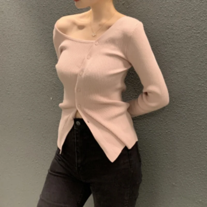 Korean Chic Gentle Style Oblique Buckle Design off-the-Shoulder Long Sleeve Slim Sweater Women's Early Autumn Bottoming Top