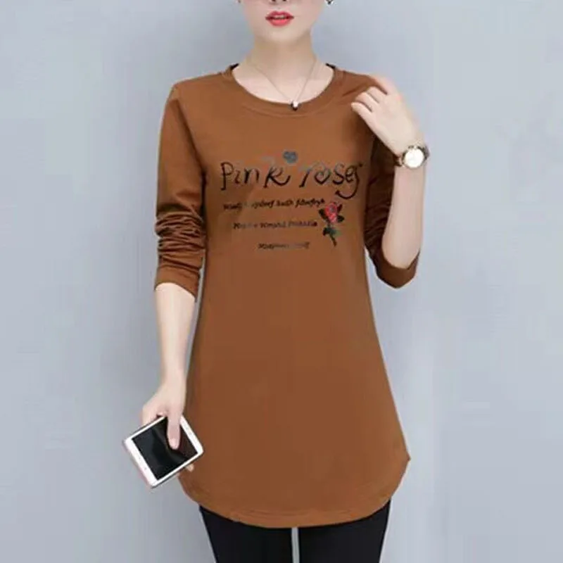 2023 New Spring and Autumn Fashion Mid Length Round Neck Solid Letter Printing Versatile Casual Simple Commuter Long Sleeve Top