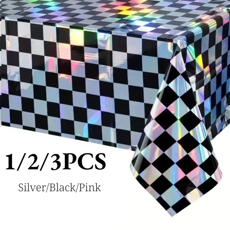 1/2/3PCS Black Pink Laser Checkered Rectangular Tablecloth Birthday Decor Grid Tablecloth Picnic Camping Party Decor Supplies